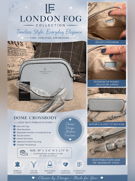London Fog Handbags - London Fog Light Blue Pebbled Dome Crossbody with Silver Hardware